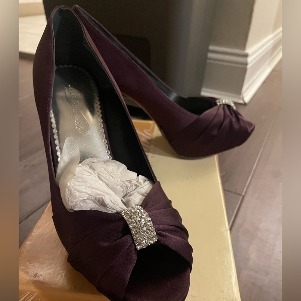 Diana plum color.  Michelangelo shoes from David’s bridal.  Size 9.5, runs small